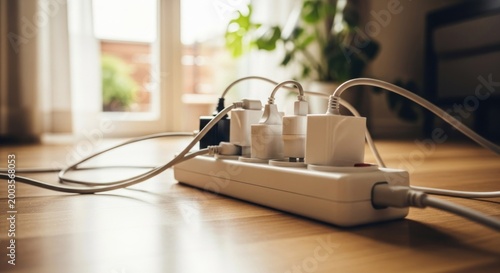 Power strip overloaded with many charging adapters on a wooden floor indoors