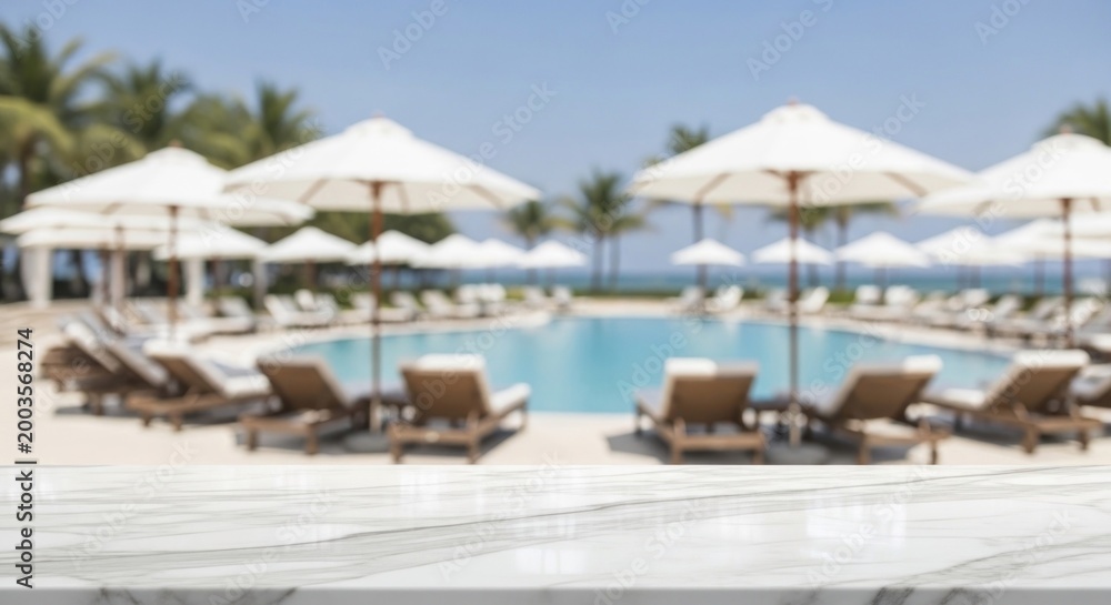 Fototapeta premium Serene tropical resort pool with loungers, umbrellas, and ocean backdrop