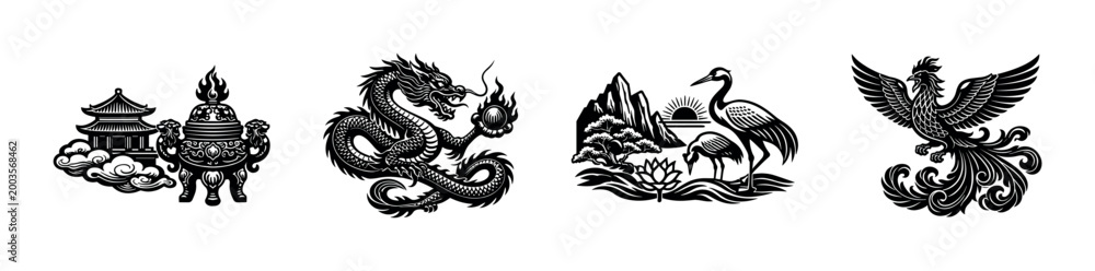 Fototapeta premium Black and white asian mythical creature and landscape vector illustration set including dragon phoenix temple and crane