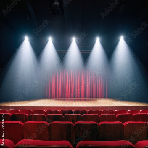 Bright Stage Lights Shine Down on an Empty Theater With Red Curtains Ahead of...