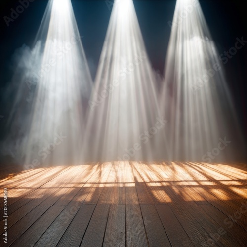 Bright Stage Lights Shine Down on an Empty Theater With Red Curtains Ahead of...