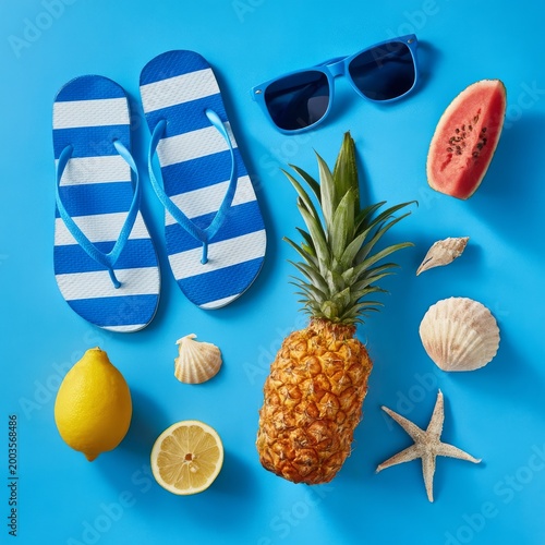 Fun Summer Scene With Flip Flops, Sunglasses, Fruits, and Beach Accessories o...