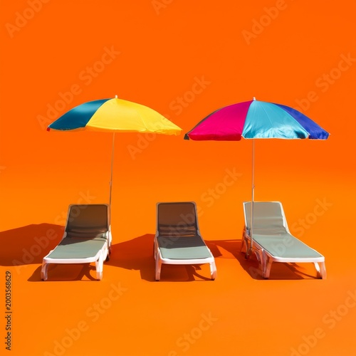 Colorful Beach Umbrellas Stand Beside Lounge Chairs Against an Orange Wall in...