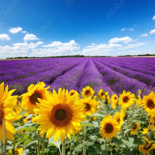 Sunflowers and Lavender in a Bright Field Under a Blue Sky With Clouds in Summer