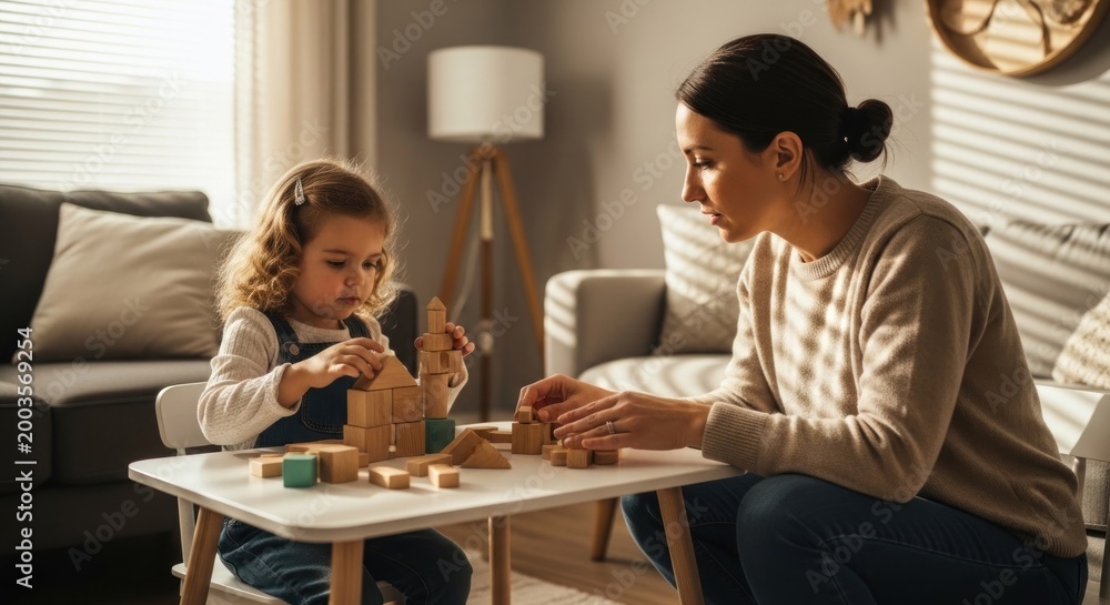 Fototapeta premium Woman and child build with wooden blocks at a table in a sunlit room