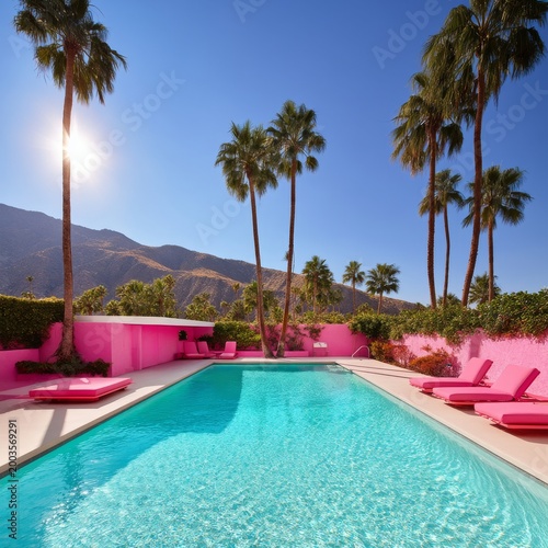 Bright Poolside Scene With Palm Trees and Mountains in the Background During ...