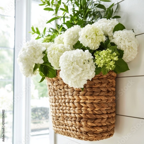 Hanging Plant Basket With White Flowers and Green Vines in a Bright Room Setting