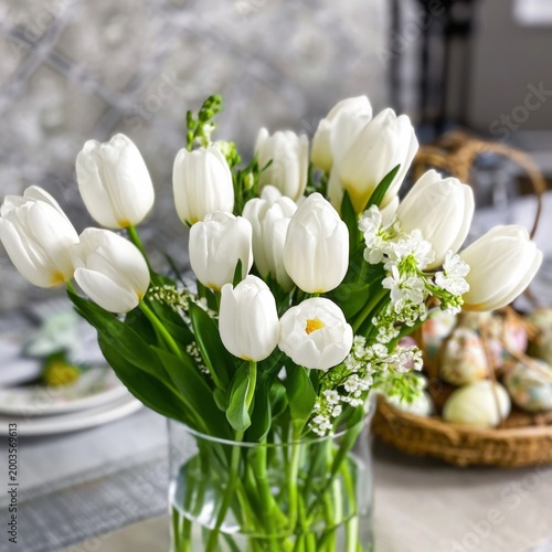 Flower Arrangement With White Tulips and Decorative Eggs on a Dining Table Du...