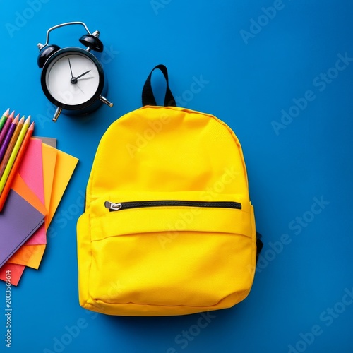 Bright Yellow Backpack With School Supplies on Blue Table at Study Time in th...