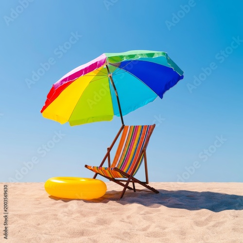 Colorful Umbrella and Chair on Beach With Yellow Float in Clear Sky