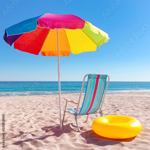 Bright Colors on a Sandy Beach on a Sunny Day With an Umbrella and a Chair
