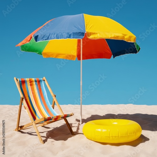 Bright Colors on a Sandy Beach on a Sunny Day With an Umbrella and a Chair