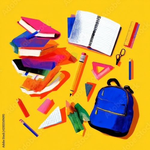Colorful School Supplies on a Bright Yellow Background With a Backpack and No...