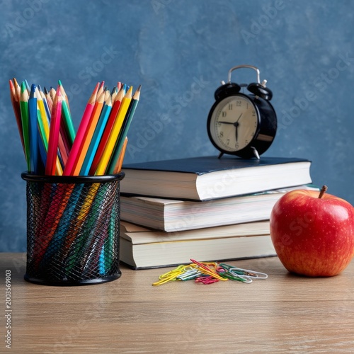 Colorful Pencils and School Supplies on a Desk With a Clock and an Apple in a...