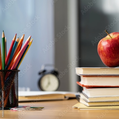 Colorful Pencils in a Holder on a Desk With an Apple and Books in the Background