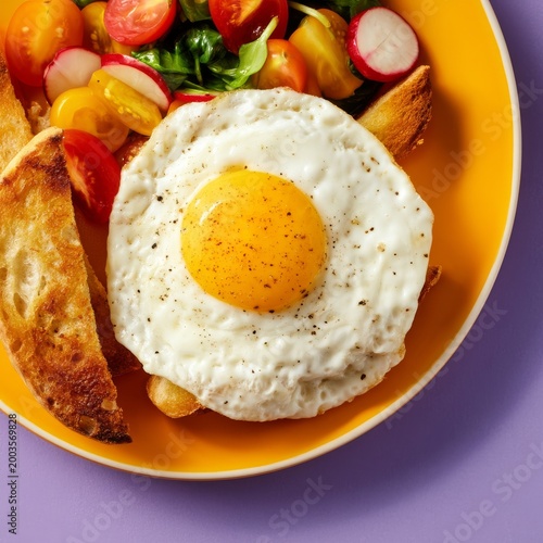 Fried Egg With Salad and Bread Served on a Yellow Plate at Breakfast Time