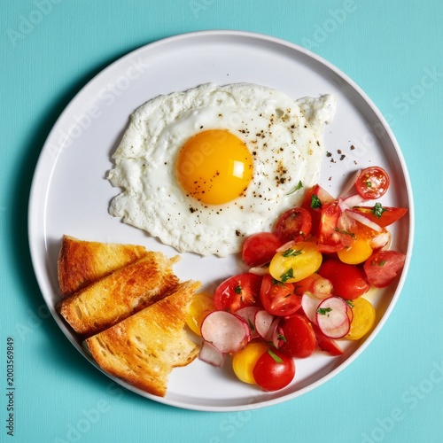 Breakfast Plate With Fried Egg, Toast, and Fresh Salad on Teal Background