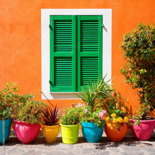 Colorful Plants in Pots Beside a Green Window on an Orange Wall at a Sunny Lo...