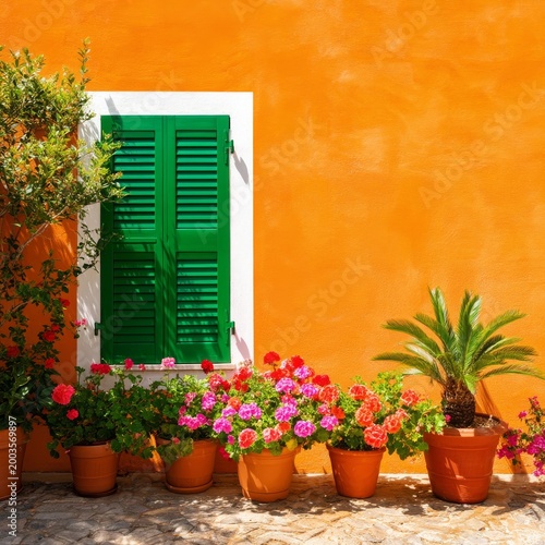 Bright Flowers in Pots by a Colorful Wall With a Green Window in an Outdoor S...
