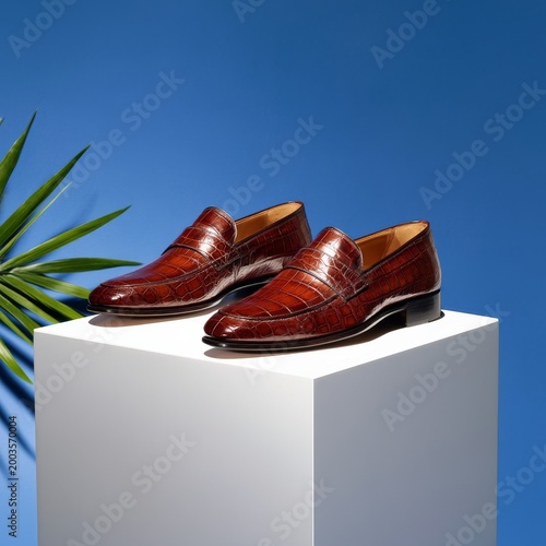 Stylish Brown Loafers Are Displayed on a Pedestal Against a Blue Background W...