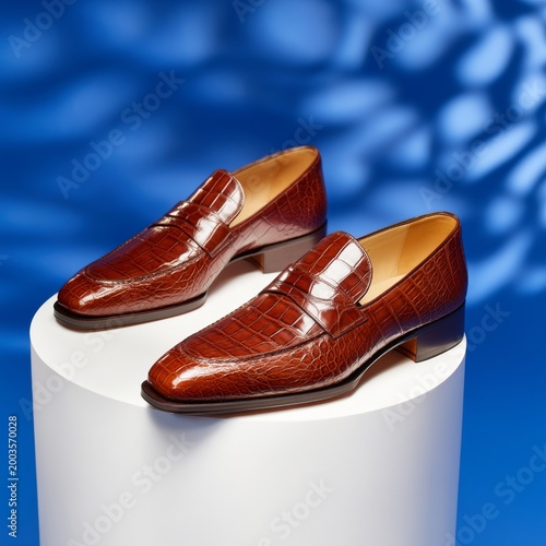 Stylish Brown Loafers Are Displayed on a Pedestal Against a Blue Background W...