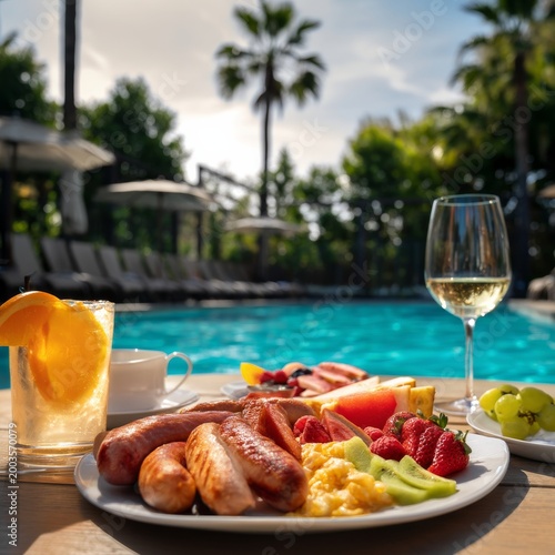 Fresh Fruit and Breakfast Spread by the Pool on a Sunny Morning