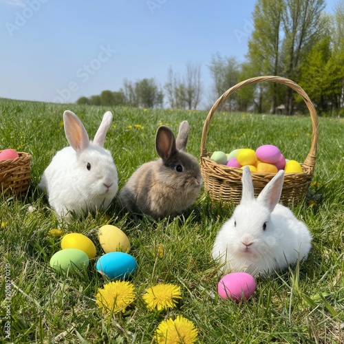 Two Rabbits Play on Green Grass Near Baskets Filled With Colorful Eggs in a S...