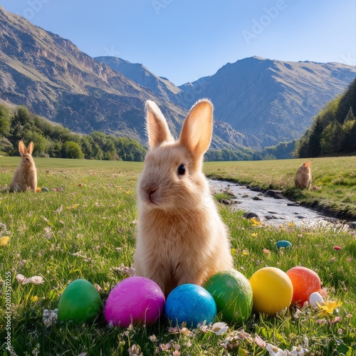 Bunny Sits on Colorful Eggs in a Field With Flowers and Mountains in Daylight...