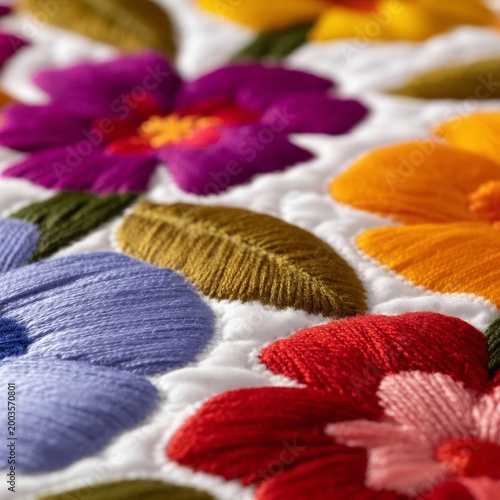 Colorful Embroidery With Flowers on White Fabric