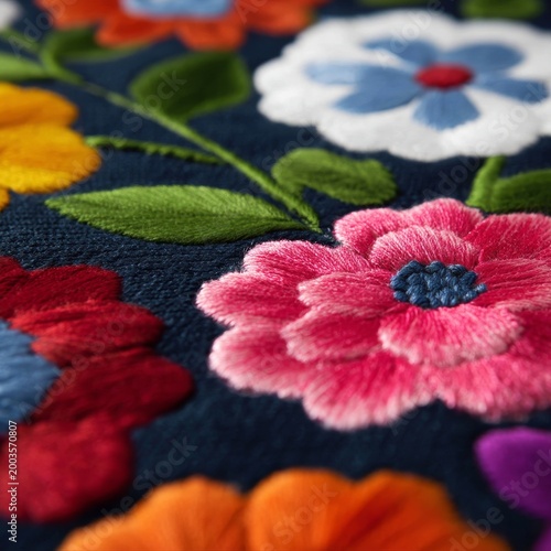 Colorful Embroidery With Flowers on White Fabric