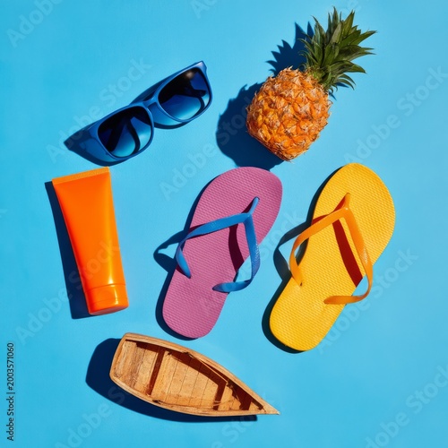 Bright Summer Items and Tropical Elements on a Blue Background