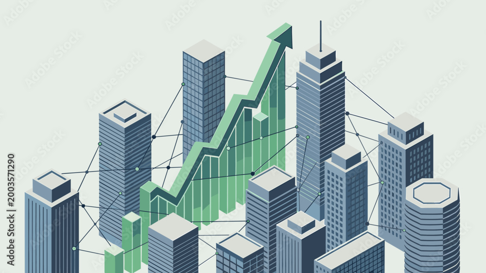 Fototapeta premium A stylized illustration depicting a cityscape linked by a network of connections, perfect for visualizing concepts like global networks, data flow, or