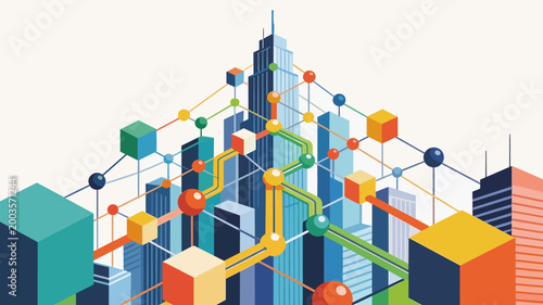 This vibrant illustration depicts a complex network of connections, perfect for representing data flow, innovation, or the interconnectedness of moder