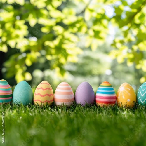 Colorful Easter Eggs Arranged on Grass in a Sunny Park During Springtime