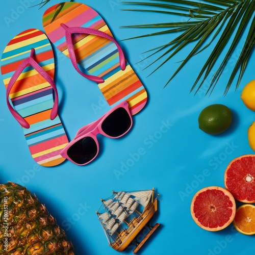 Bright Summer Fruits and Beach Items Displayed on a Blue Surface