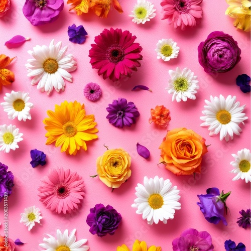 Various Flowers Arranged on a Bright Pink Background in a Colorful Display