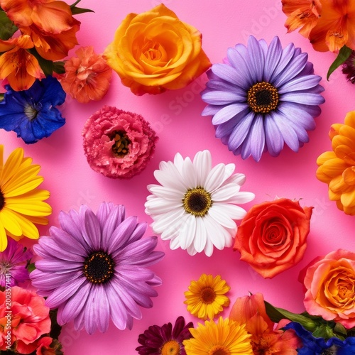 Various Flowers Arranged on a Bright Pink Background in a Colorful Display