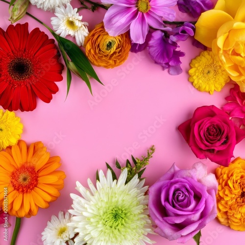 Bright Flowers Arranged on Pink Background for Celebration or Decoration Purpose