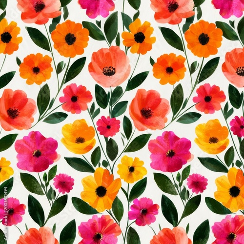 Colorful Floral Pattern With Various Flowers and Leaves on a Light Background