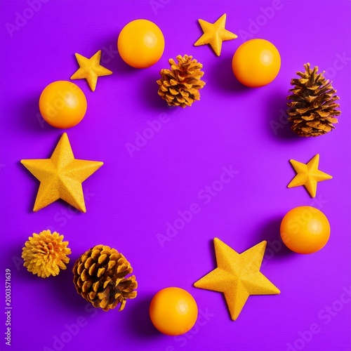 Colorful Decoration Items on Purple Background for Holiday Celebration in Win...