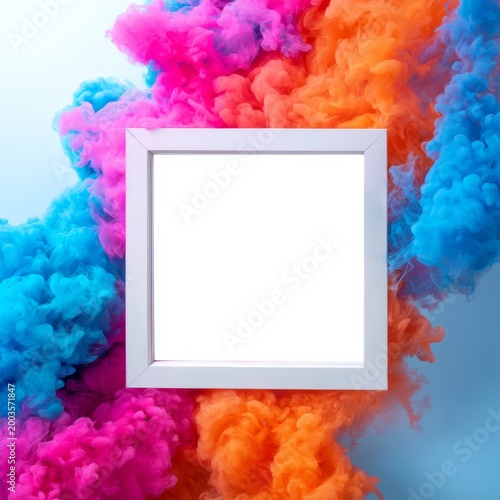Colorful Smoke Surrounds a Blank Frame in a Studio Setting With Bright Backgr...