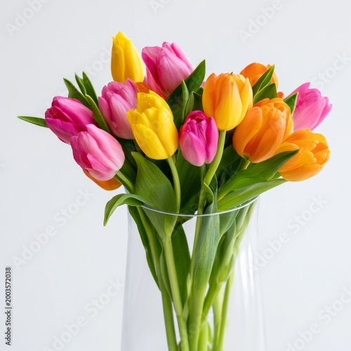 Bright Tulips in a Clear Glass Vase Placed on a Table With Soft Light