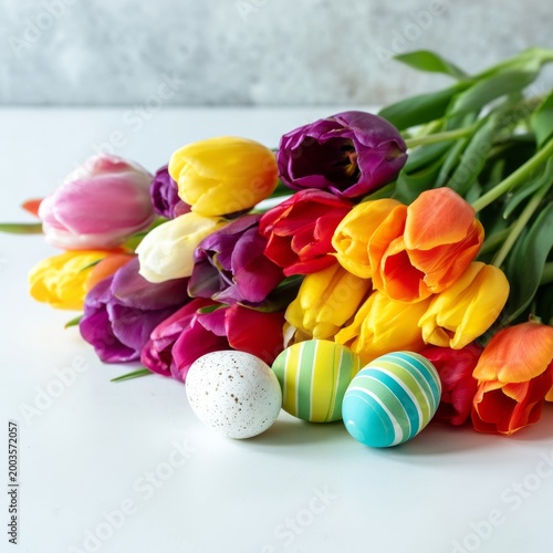 Colorful Tulips With Easter Eggs Arranged on a White Background for Spring Ce...