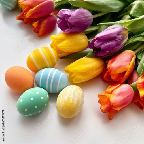 Colorful Easter Eggs and Tulips on the Table for Spring Celebration in Bright...