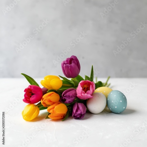 Colorful Easter Eggs and Tulips on the Table for Spring Celebration in Bright...