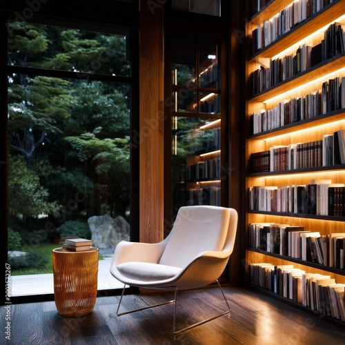 Modern Reading Nook With Bookshelves and a Garden View During Evening Hours