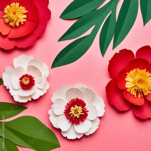 Colorful Paper Flowers and Green Leaves on Pink Background in a Creative Art ...