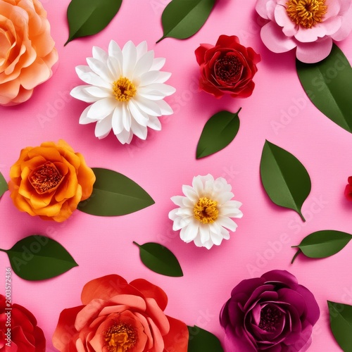 Colorful Paper Flowers and Green Leaves on Pink Background in a Creative Art ...