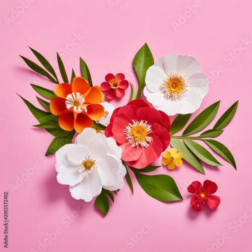 Colorful Flowers With Green Leaves on Pink Background Arranged for Decoration...