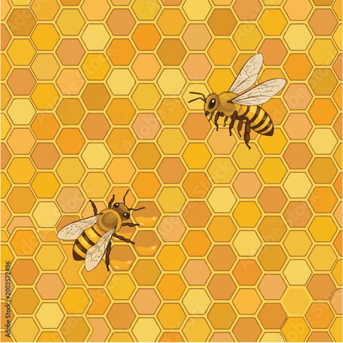 Close-up of Honeybees on a Honeycomb with Bright Yellow Background.